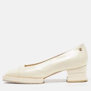 Pre Owned Chanel Beige Patent Leather Square Cap Toe CC Block Heel Pumps Size 38