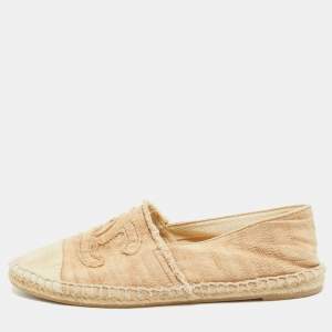 Pre Owned Chanel Beige Canvas  CC Cap Toe Espadrille Flats Size 37