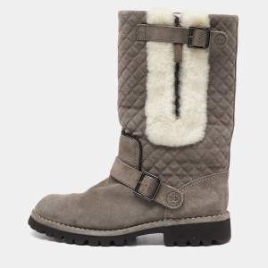 Chanel Grey Quilted Suede and Fur CC Buckle Detail Mid Calf Boots Size 38