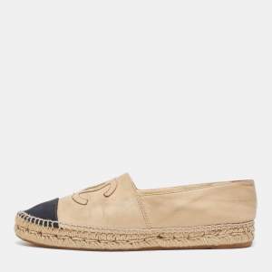 Pre Owned Chanel Beige/Black Canvas and Leather CC Espadrille Flats Size 41