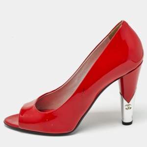 Chanel Red Patent Peep Toe Pumps Size  40