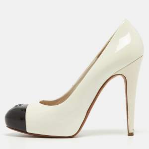Chanel Off White/Black Patent Leather CC Cap Toe Pumps Size 38