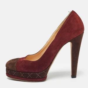 Pre Owned Chanel Burgundy/Brown Suede CC Cap Toe Platform Pumps Size 38
