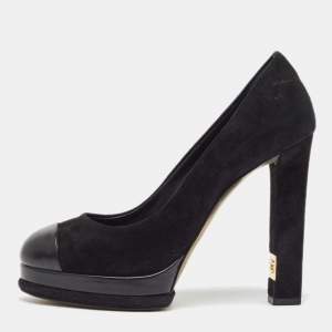Pre Owned Chanel Black Suede and Leather Cap Toe Platform Pumps Size 38