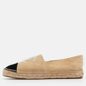 Pre Owned Chanel Beige/Black Suede CC Faux Pearl Embellished Espadrille Flats Size 41