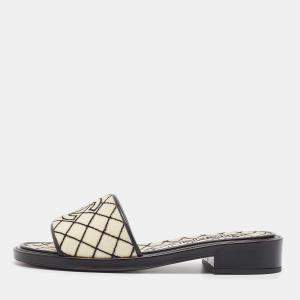 Chanel Cream/Black Shearing Fur Quilted Slide Sandals Size 41.5