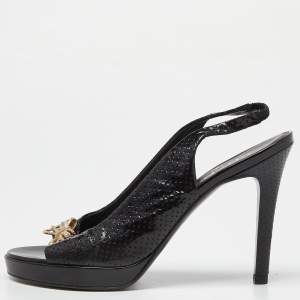 Chanel Black Perforated Patent Leather Open Toe Slingback Sandals Size 37