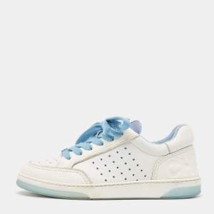 Pre Owned Chanel White Leather Lace Up Sneakers Size 35.5