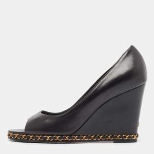 Pre Owned Chanel  Black Leather Chain Me Peep Toe Wedge Pumps Size 39