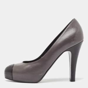 Chanel Grey/Black Leather Cap Toe Pumps Size 37.5