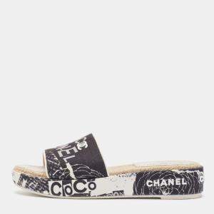 Chanel Black/White Graffiti Print Canvas Espadrille Slide Sandals Size 41