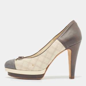 Chanel Grey/Cream Leather and Canvas CC Bow Platform Pumps Size 36