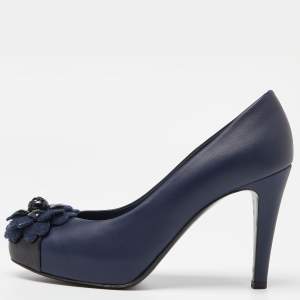 Chanel Blue Leather Camelia CC Platform Pumps Size 38
