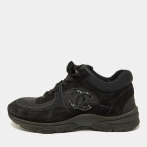 Pre Owned Chanel Black Satin and Suede Logo Lace Up Sneakers Size 38.5
