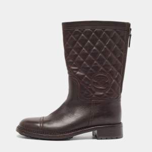 Chanel Brown Quilted Leather CC Moto Boots Size 39.5 