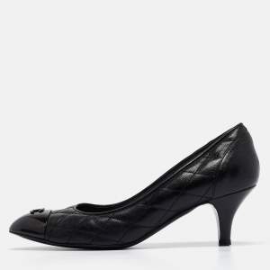 Chanel Black Quilted Leather CC Cap Toe Pumps Size 37