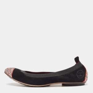 Chanel Black Suede and Coarse Glitter CC Scrunch Ballet Flats Size 39.5