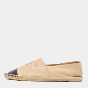 Pre Owned Chanel Beige/Black Leather CC Espadrille Flats Size 40