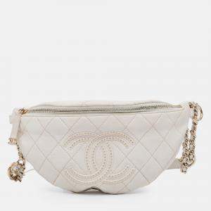 Chanel White CC Quilted Lambskin Studded Logo Belt Bag