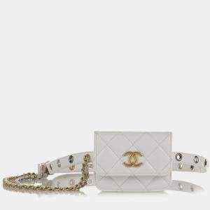 Pre Owned Chanel White Lambskin Leather Punk Chain Belt Bag
