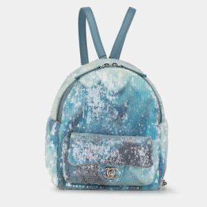 Pre Owned Chanel Mini Blue Sequins and Lambskin Waterfall Backpack