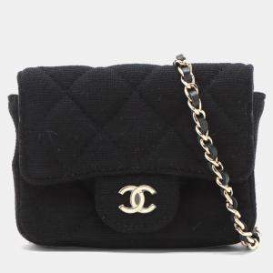 Pre Owned Chanel Mini Classic Jersey Black Cotton Flap Belt Bag