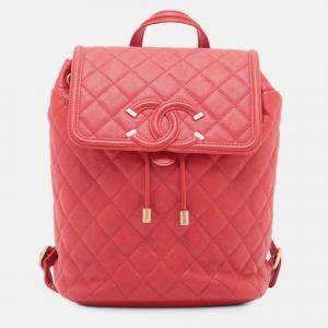 Pre Owned Chanel Red Quilted Caviar CC Filigree Backpack