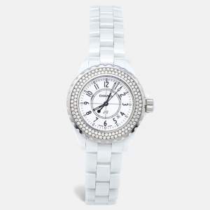 Chanel White Ceramic Stainless Steel Diamond J12 H0967 Women's Wristwatch 33 mm