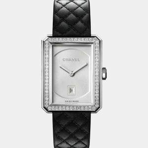 Chanel Silver 18k White Gold Boy-Friend H6677 Quartz Women's Wristwatch 26.7 mm x 34.6 mm