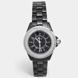 Pre Owned Chanel Black Ceramic Stainless Steel Diamond J12 H0949 Women's Wristwatch 33 mm