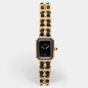 Pre Owned Chanel Black Gold Plated Stainless Steel Leather Premiere H6951 Women's Wristwatch 20 mm