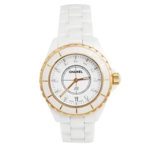 Chanel White Ceramic Rose Gold Plated Stainless Steel Diamond J12 H2180 Women's Wristwatch 38 mm