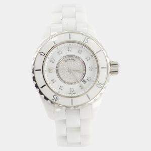 Chanel J12 White Ceramic Watch with Ceramic Diamond Dial and Silver Hardware