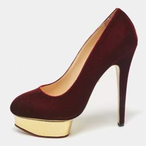 Charlotte Olympia Burgundy Velvet Dolly Platform Pumps Size 41