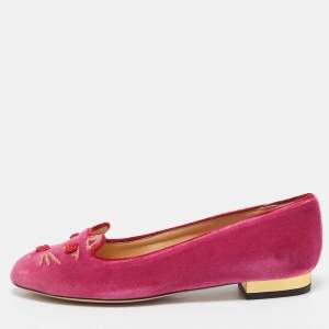Charlotte Olympia Pink Velvet Knot A Kitty Ballet Flats Size 35.5