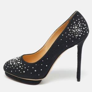 Pre Owned Charlotte Olympia Black Canvas Crystal Embellished Dotty Platform Pumps Size 41