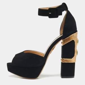 مملوكة مسبقًا Charlotte Olympia Size 38 Black Suede Embellished Ankle Strap Platform Sandals