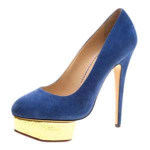 Pre Owned Charlotte Olympia Blue Suede Dolly Platform Pumps Size 39.5