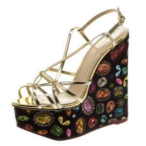 Charlotte Olympia Metallic Gold Leather Elizabeth Jewel Print Wedge Sandals Size 40