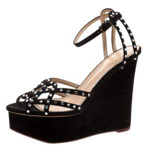 Charlotte Olympia Black Suede Crystal Embellished Wedge Sandals Size 40