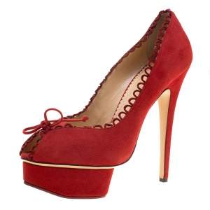 Pre Owned Charlotte Olympia Red Suede Daphne Scalloped Trim Peep Toe Platform Pumps Size 39.5