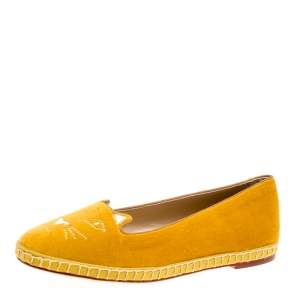 Pre Owned Charlotte Olympia Yellow Cotton Velvet Kitties Capri Cat Flats Size 38