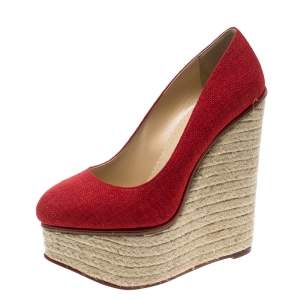 Pre Owned Charlotte Olympia Red Canvas Carmen Espadrille Platform Wedge Pumps Size 37