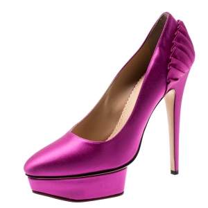 Pre Owned Charlotte Olympia Fuchsia Pink Satin Paloma Fan Pleat Platform Pumps Size 40