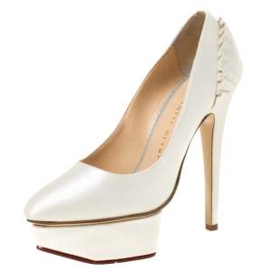 Pre Owned Charlotte Olympia White Satin Paloma Fan-Pleat Platform Pumps Size 34