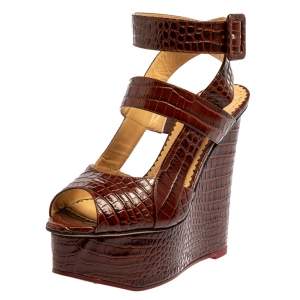  Charlotte Olympia Brown Croc Embossed Leather Marcelle Wedge Sandals Size 36