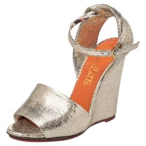 Pre Owned Charlotte Olympia Gold Leather Wedge Sandals Size 37