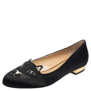 Pre Owned  Charlotte Olympia Black Satin Emoticat Cheeky Kitty Ballet Flats Size 40