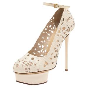 Pre Owned Charlotte Olympia Cream Cut Out Leather Scribble Dolores Ankle Strap Platform Pumps Size 38