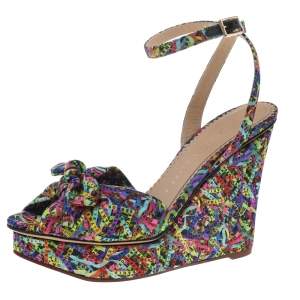 Charlotte Olympia Multicolor Printed Fabric Wedge Platform Ankle Strap Sandals Size 39